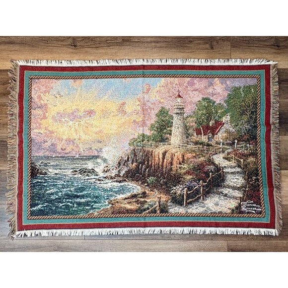 Thomas Kinkade Painter of Light Tapestry Throw Blanket Lighthouse Fringe 46”x69” - Picture 1 of 8